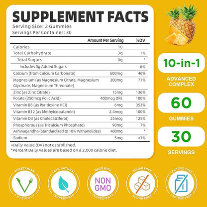 Calcium Magnesium Zinc Gummies with Vitamin D3, Sugar Free Calcium Gummies for Women Men, High Potency Magnesium Gummies for Bone & Muscle & Immune Health, Pineapple Flavor - 60 Count