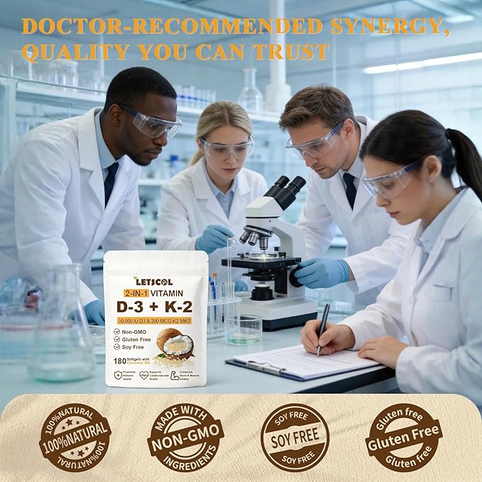 2-in-1 Vitamin D3 K2 Supplement Softgel, Vitamin D3 10000 IU and Vitamin K2 200 mcg, K2 MK7 with D3 Vitamin Supplement Support Immune, Heart, Joint, Teeth & Bone Health