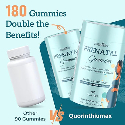 Prenatal Gummies Sugar Free 90 Count - Organics Prenatal Vitamins for Women with Folate, DHA & Probiotics - Iron Free Prenatal Vitamin Gummies for Immune & Digestive - 1 Bottle