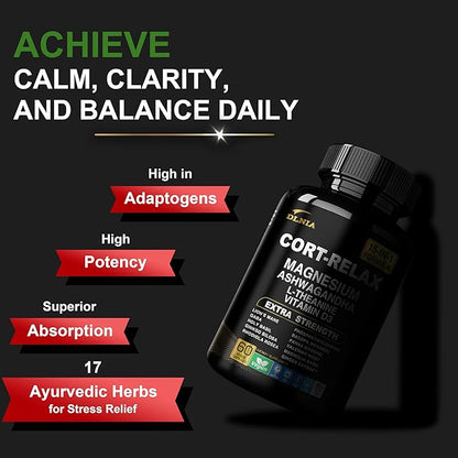 Super Calm Cortisol Supplement with Magnesium Glycinate, Ashwagandha KSM-66, L-Theanine, Phosphatidylserine, Ginkgo Biloba & Lions Mane for Calm, Focus, Mental Clarity, Relaxation, Sleep, Energy
