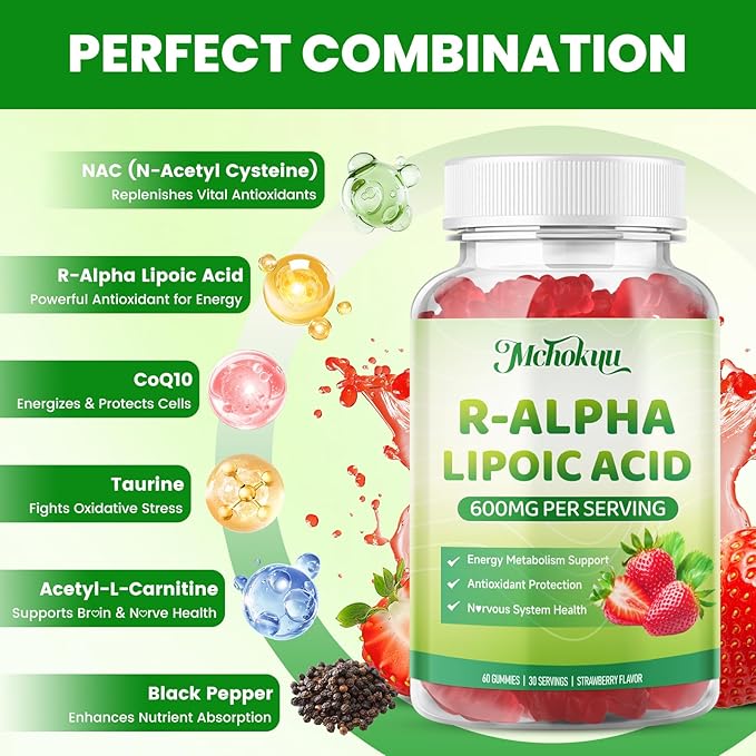 R Alpha Lipoic Acid 600mg Gummies, Stabilized R-Alpha Lipoic Acid, ALA Supplement for Nerve Health, Antioxidant & Metabolism Support- Vegan, Non-GMO, Gluten Free, Strawberry Flavor - 60 Count