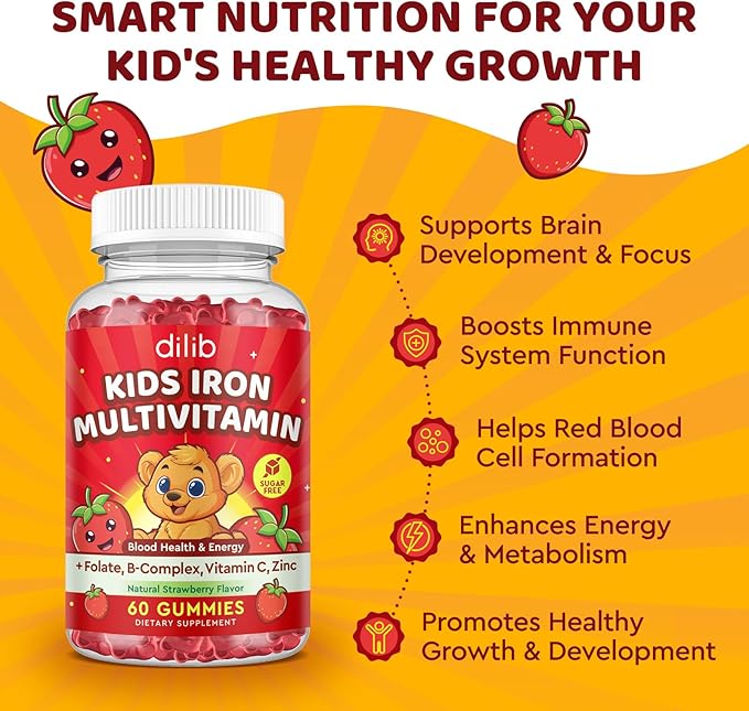 Iron Supplement Gummies for Kids, Kids Multivitamin with Iron Gummies - Zinc, Vitamin B Complex, A, C, D3, B12, Folate for Blood Builder & Energy Support, Iron Deficiency, Vegan Strawberry 60 Gummies