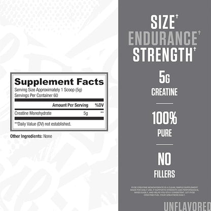 RYSE Creatine Monohydrate Powder - Unflavored - Supports Men & Women Lean Muscle Growth, Strength, Power, and Endurance - Helps Reduce Fatigue and Improve Workout Recovery - 60 Servings