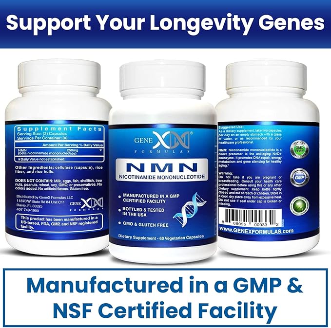 Genex Formulas NMN 250mg Supplements (4 Pack) - 99% Pure Shelf Stabilized Supplement Capsules for Increased NAD Levels & Healthy Aging, GMP Certified, 4 Month Supply