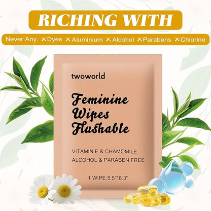 Feminine Wipes Individually Wrapped, Flushable Wipes Travel,Feminine Care Vaginal Wipes for Adult,Women, Girl and Homeless (Pack of 50,Chamomile)