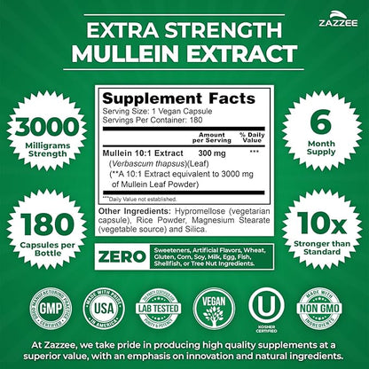 Zazzee Extra Strength Mullein Leaf 10:1 Extract, 180 Vegan Capsules, 6 Month Supply, Verbascum Thapsus, Respiratory & Lung Support, Certified Kosher, 100% Pure Leaf Powder, Non-GMO, Made in the USA