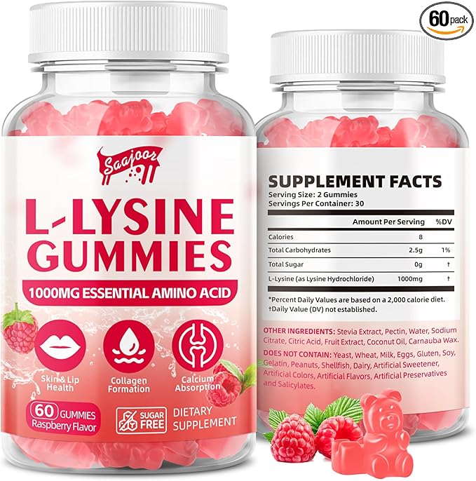 L-Lysine 1000mg Gummies for Immune Support & Skin Health - Vegan, Gluten Free Amino Acid Supplement for Adults, Raspberry Flavor, 60 Gummies