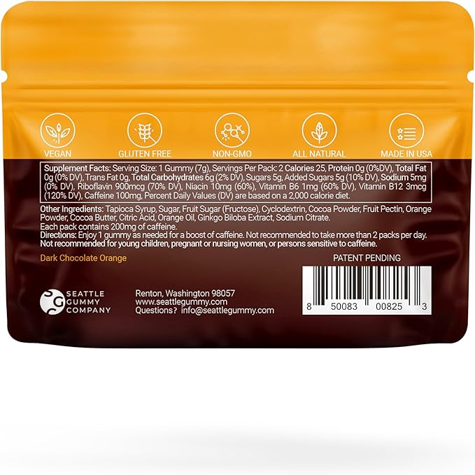SGC Highest Concentration 100 mg Caffeine per Gummy, 2 Gummies per Pack, 12-Pack Mocca Shots Orange Chocolate Plant-Based Instant Energy with Herbal nootropics