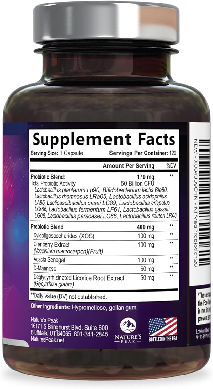 Vaginal Probiotics for Women pH Balance with Prebiotics - 50 Billion CFU - 10 Unique Feminine Strains, Cranberry & D-Mannose for Women's Probiotic Vag Health, Supplement Bottled in USA - 120 Capsules