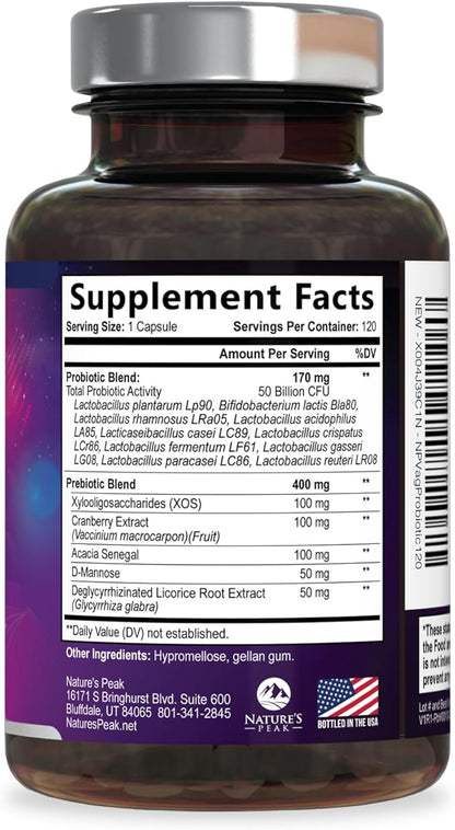 Vaginal Probiotics for Women pH Balance with Prebiotics - 50 Billion CFU - 10 Unique Feminine Strains, Cranberry & D-Mannose for Women's Probiotic Vag Health, Supplement Bottled in USA - 120 Capsules