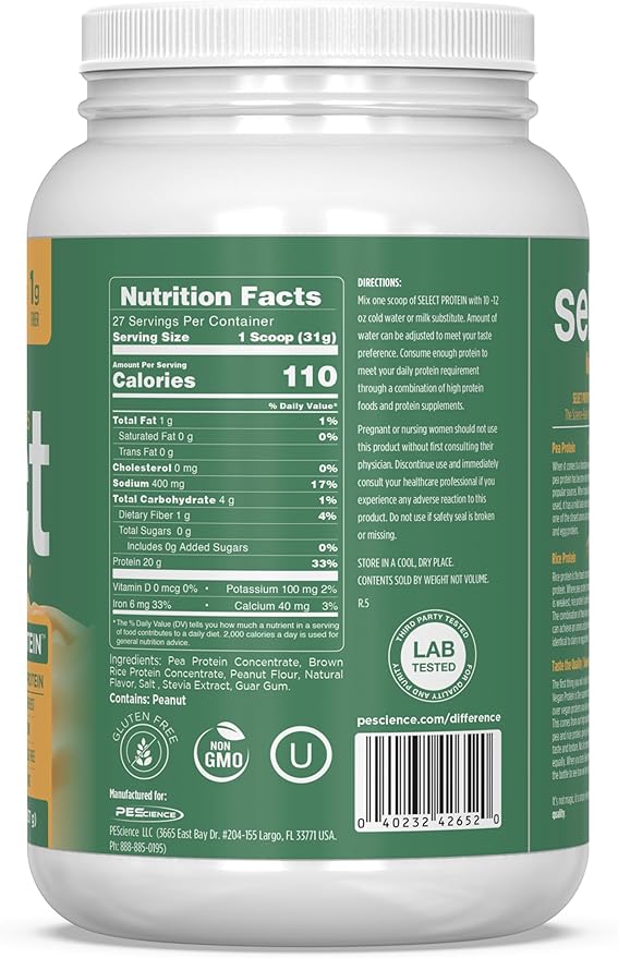 PEScience Select Vegan Protein Powder, Plant Based Protein Powder, Amazing Taste, Smooth Texture, Pea and Brown Rice Blend, Dairy Free, Lactose Free, Gluten Free - Peanut Butter Delight, 27 Servings