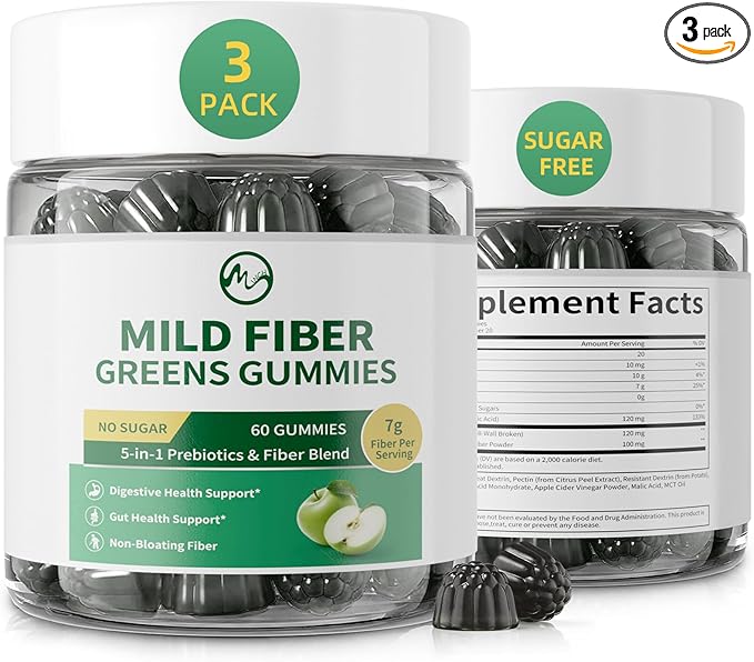 M inch Fiber Gummies for Adults Women Men Sugar Free - Fiber Supplement Support Digestive, Gut & No Bloating* - 7g High Fiber per Serving, Daily & Soluble, 3 Pack, Apple Flavor, Vegan, Non GMO