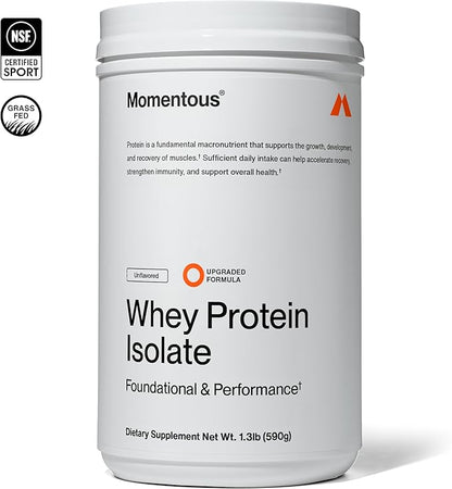 Momentous Essential Grass-Fed Whey Protein Powder - 20 g Whey Isolate Protein - NSF Certified for Sport - Gluten-Free - 25 Servings for Essential Everyday Use - Unflavored - Package May Vary
