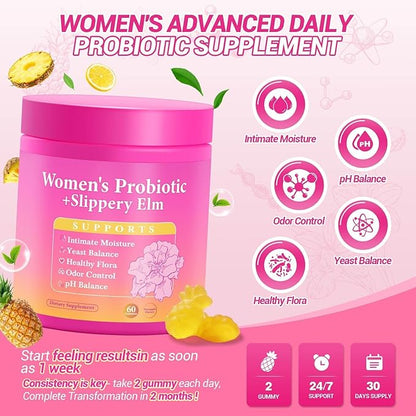 Her Juicy Feminine Probiotics Gummies, Premium Feminine Balance Gummies with Slippery Elm for Women's pH Balance, Healthy Odor, Flora and Immune Support – 90-Day Supply