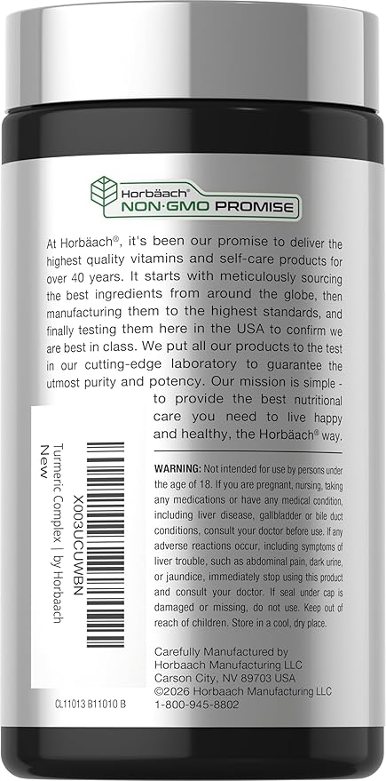 Horbäach Turmeric Curcumin Supplement | 180 Capsules | with Black Pepper & Tart Cherry | Non-GMO & Gluten Free