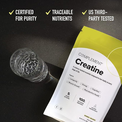 Complement Creatine Monohydrate Micronized Powder - Pre-Workout, Post-Workout, Muscle Recovery, Brain Health, Longevity, Energy Supplements for Women and Men - Vegan, Unflavored (5g, 60 Servings)