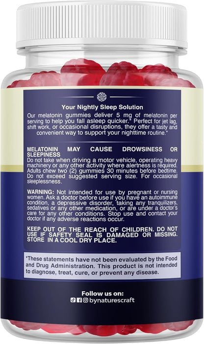 Melatonin Gummies 5mg for Peaceful Nights - Easy to Chew Sleep Gummies for Adults - Helps Support Circadian Rhythm - Delicious Strawberry Flavor - Non-Habit Forming Sleep Aid - Gelatin Free - 60 Count