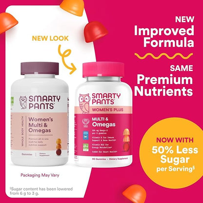 SmartyPants Women’s Multivitamin Gummies, Omega 3 DHA/EPA, Methylfolate, CoQ10, Vitamin D3, C, B12, B6, A, K, Zinc, Three Fruit Flavors, 90 Count (30 Day Supply)