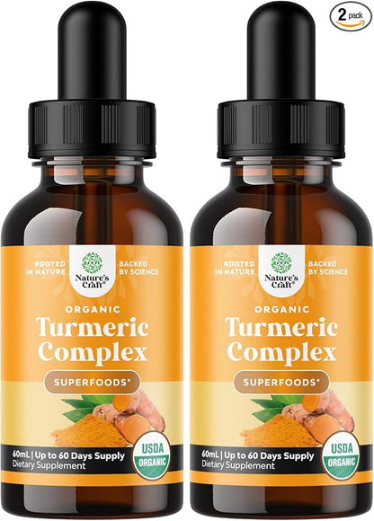 Organic Turmeric Liquid Drops for Adults - Liquid Turmeric Curcumin with Black Pepper Cinnamon and Ginger for Joints Digestion Immunity & More-Organic Supplement Concentrate - 2 Fl Oz (2 Pack)