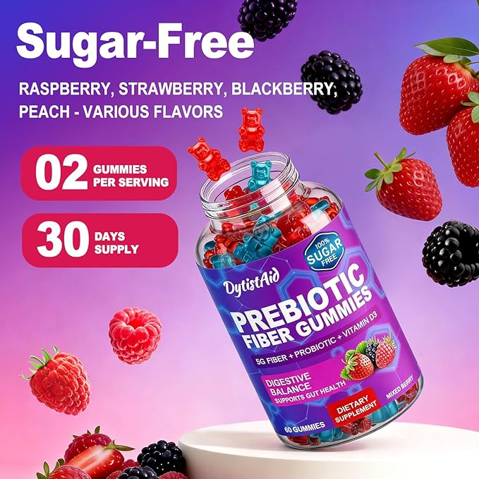 Prebiotic Fiber Gummies, 5g Fiber per Serving, 2 Billion CFU Bacillus Coagulans + Vitamin D3, Sugar Free Pectin Mixed Berry Gummies, Inulin (FOS) + Acacia + Apple Pectin, 120 Gummies (60 Servings)