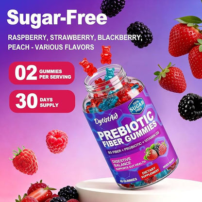 Prebiotic Fiber Gummies, 5g Fiber per Serving, 2 Billion CFU Bacillus Coagulans + Vitamin D3, Sugar Free Pectin Mixed Berry Gummies, Inulin (FOS) + Acacia + Apple Pectin, 120 Gummies (60 Servings)