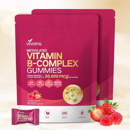 VivoNu Vitamin B Complex Gummies, 6000 mcg Methylated Vitamin B12, with B6 B1, B2, B3, B5, B7, Methylfolate, Vitamins A C D E, Vegan, Non GMO, Methylated B Complex Vitamin (2 Bag)