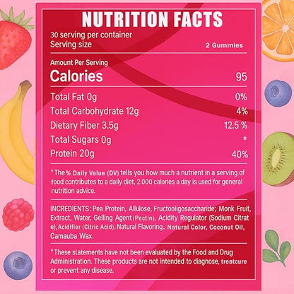 OAKA Protein Gummies, 20g Protein per Serving, Support Hair, Skin, Nails Health, Boost Energy, Protein Supplement for Women Men, Zero Sugar, Vegan, Mixed Berries Flavor, 60 Gummies