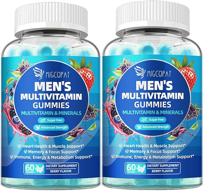 Migcopat 2-Pack Multivitamin for Men, Mens Multivitamins Gummies w/Omega-3, Probiotics, Inositol, Folate, Male Support Blend, Vitamins A, C, D, E, B - Support Heart, Brain, Muscle, Energy, Sugar-Free