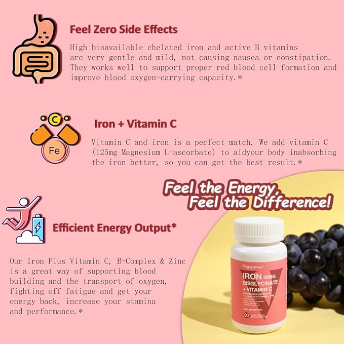 Iron Bisglycinate Supplement for Women & Men - 30mg Iron Pills with Vitamin C, B12, Folic Acid - Chelated Iron for Anemia, Health Blood - High Absorption, Gluten-Free, Non-GMO - 60 Vegan Caps