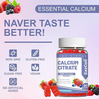 Calcium Citrate Gummies, Chewable 1200mg Calcium Gummies for Women & Men, Calcium Supplement for Muscle & Immune Support, High Absorption, Sugar Free, Mixed Berry Flavor, 60 Count