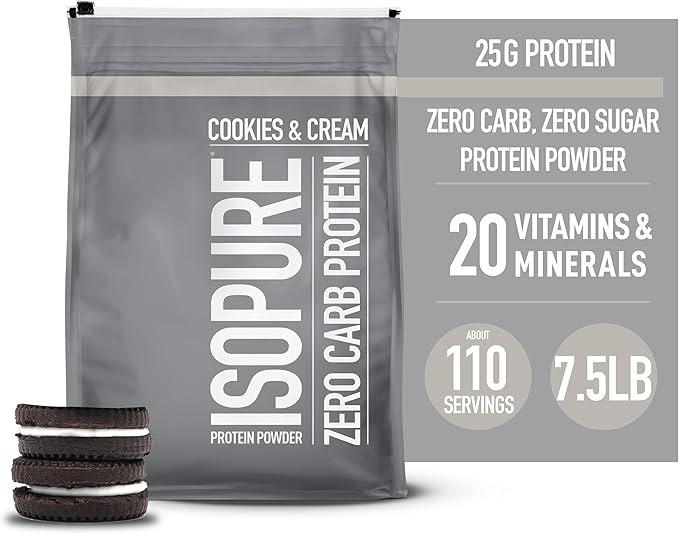 Isopure Zero Carb 100% Pure Whey Isolate Protein Powder, Gluten Free, with Vitamins, Cookies & Cream, 25g Protein Per Serving, 7.5 Lbs, 110 Servings (Packaging May Vary)