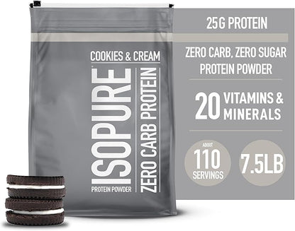 Isopure Zero Carb 100% Pure Whey Isolate Protein Powder, Gluten Free, with Vitamins, Cookies & Cream, 25g Protein Per Serving, 7.5 Lbs, 110 Servings (Packaging May Vary)