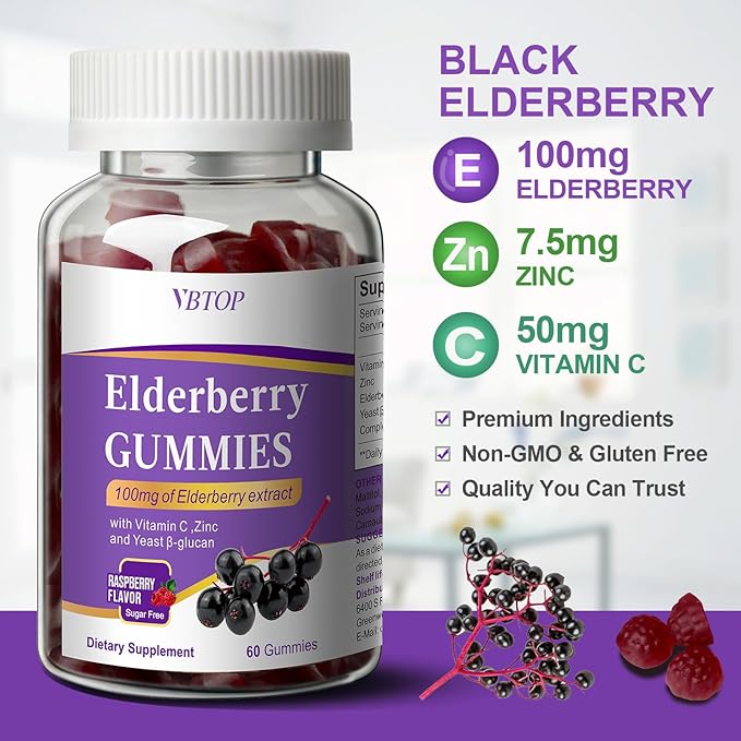 5-in-1 Sambucus Elderberry Immune Gummies, Daily Immune Support for Adults & Kids 4+, with Vitamin C, Zinc, Gluten Free, Vegetarian, Natural Sugar-Free Elderberry Supplement, 60 Gummies