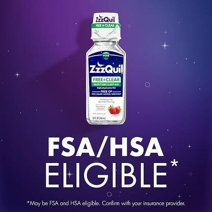 ZzzQuil Liquid Sleep Aid, Diphenhydramine 50mg HCI, Free & Clear, Free of Alcohol and Artificial Dyes, Nighttime Sleep Aid Liquid, Non-Habit Forming, Strawberry Flavored, 2 Pack, 24 FL OZ