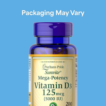 Puritan's Pride Premium Sunvite™ Mega-Potency Vitamin D3 5,000 IU, Dietary Supplement for Healthy Bones, Teeth, and Immune System Support, 200 Rapid Release Softgels (Packaging May Vary)