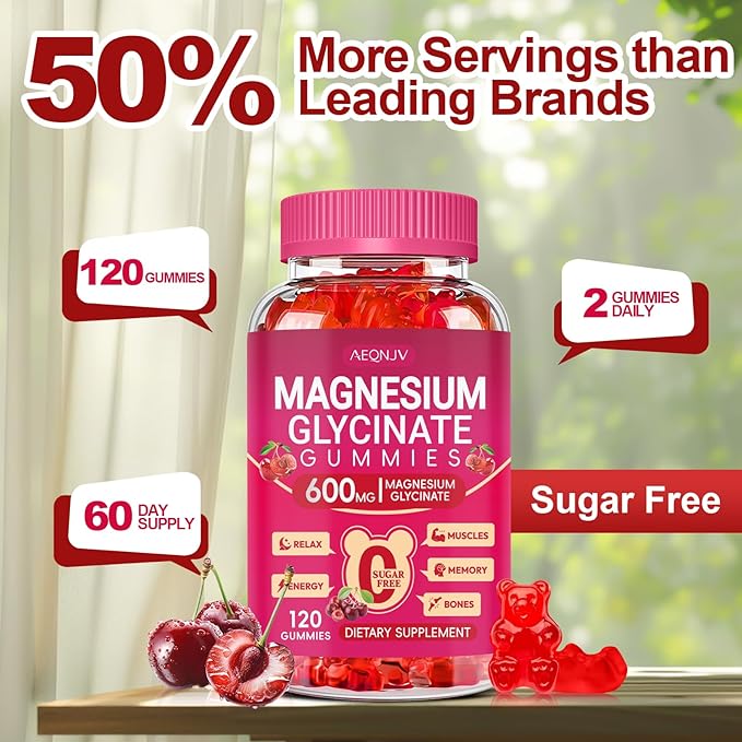Magnesium Glycinate Gummies 600mg for Women and Men, High Absorption Magnesium Glycinate with Vitamin D, B6, and CoQ10 for Calm Support & Sleep, Sugar Free, Vegan, 120 Count