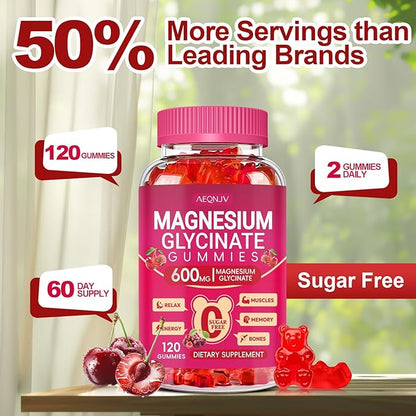 Magnesium Glycinate Gummies 600mg for Women and Men, High Absorption Magnesium Glycinate with Vitamin D, B6, and CoQ10 for Calm Support & Sleep, Sugar Free, Vegan, 120 Count