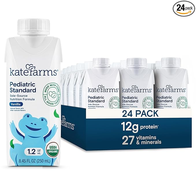 KATE FARMS Organic Plant Based Pediatric 1.2 Sole Source Vanilla Nutrition Shake,12g of protein,27 Vitamins and Minerals,Meal Replacement Drink for Kids,Non-GMO,8.45 Fl oz,(Pack of 24)