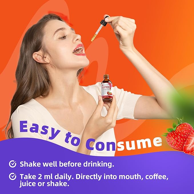 M inch Magnesium Glycinate Liquid, High Absorption Magnesium Liquid Drops with Chamomile, Hawthorn, Ginger Extract & Vitamin B6, B9, B12, C, D3, Magnesium Supplement, Strawberry Flavor, 2 Pack