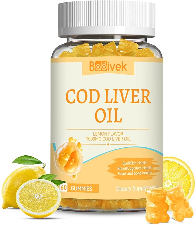 Cod Liver Oil Gummies 1000mg, for Adults & Kids with Omega-3 Vitamin A & D3, Fish Oil Supplement, Supports Eye Health, Brain Function & Bone Health, Sugar-Free, Non-GMO, Gluten-Free 60 Count