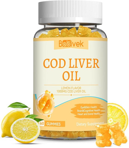 Cod Liver Oil Gummies 1000mg, for Adults & Kids with Omega-3 Vitamin A & D3, Fish Oil Supplement, Supports Eye Health, Brain Function & Bone Health, Sugar-Free, Non-GMO, Gluten-Free 60 Count