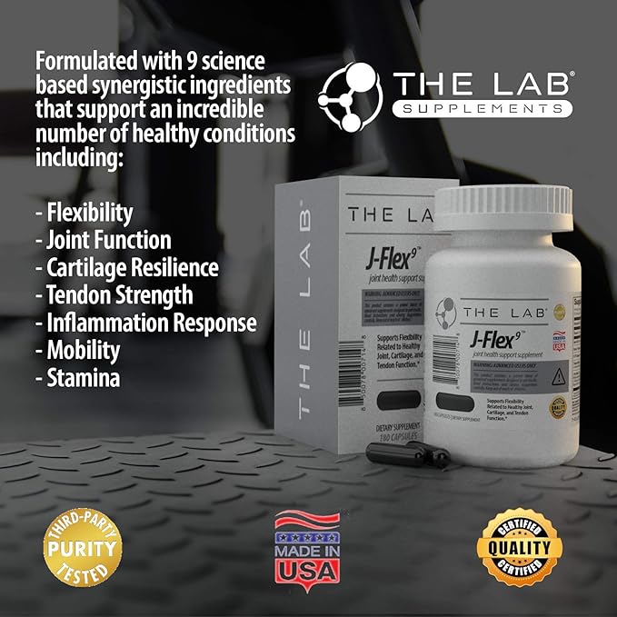 J-FLEX9 Advanced Joint Health Supplement + Cartilage Support & Tendon Function | Ingredients include: Chondroitin, Glucosamine, MSM, Curcumin, Boswellia Serrata, Collagen. Made in USA