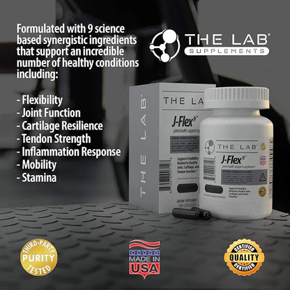 J-FLEX9 Advanced Joint Health Supplement + Cartilage Support & Tendon Function | Ingredients include: Chondroitin, Glucosamine, MSM, Curcumin, Boswellia Serrata, Collagen. Made in USA