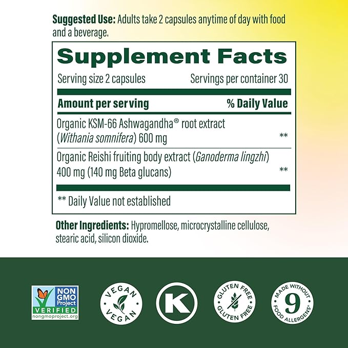 MegaFood Superfood Mushroom Stress Relief - Reishi Mushroom Supplement Clinically Studied to Reduce Stress - Doctor Formulated with Ashwagandha KSM 66 - Vegan, Gluten-Free - 60 Capsules, 30 Servings