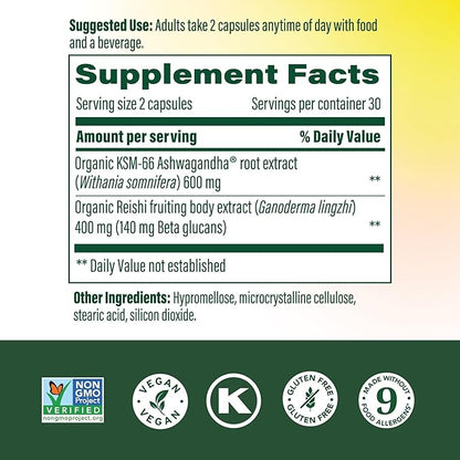 MegaFood Superfood Mushroom Stress Relief - Reishi Mushroom Supplement Clinically Studied to Reduce Stress - Doctor Formulated with Ashwagandha KSM 66 - Vegan, Gluten-Free - 60 Capsules, 30 Servings