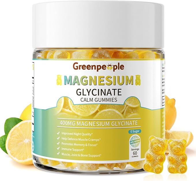 GREENPEOPLE Magnesium Glycinate Gummies 400mg - Sugar Free Magnesium Supplement with Magnesio Citrate, Vitamin D, and B6 for Calm Support & Sleep for Adults - High Absorption - Lemon Gummies