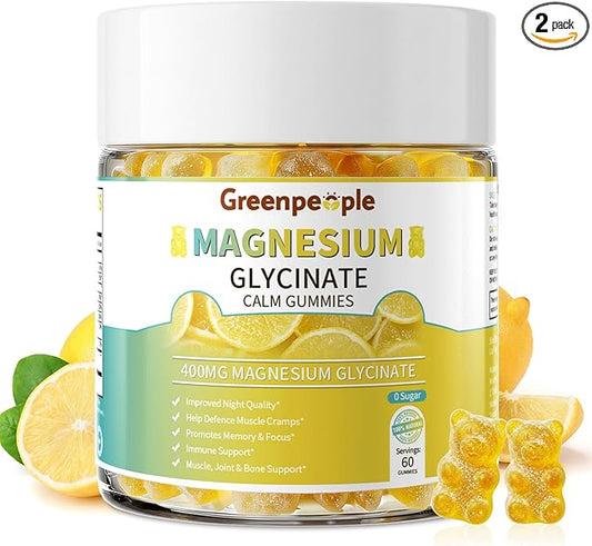 GREENPEOPLE Magnesium Glycinate Gummies 400mg - Sugar Free Magnesium Supplement with Magnesio Citrate, Vitamin D, and B6 for Calm Support & Sleep for Adults - High Absorption - Lemon Gummies