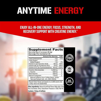 Evlution Nutrition Creatine Energy - Supports Muscle Growth, Boosts Energy, Endurance & Cognition - 5g Pure Creatine Monohydrate Per Serving - B + C Vitamin Complex - 30 Servings - Fruit Punch