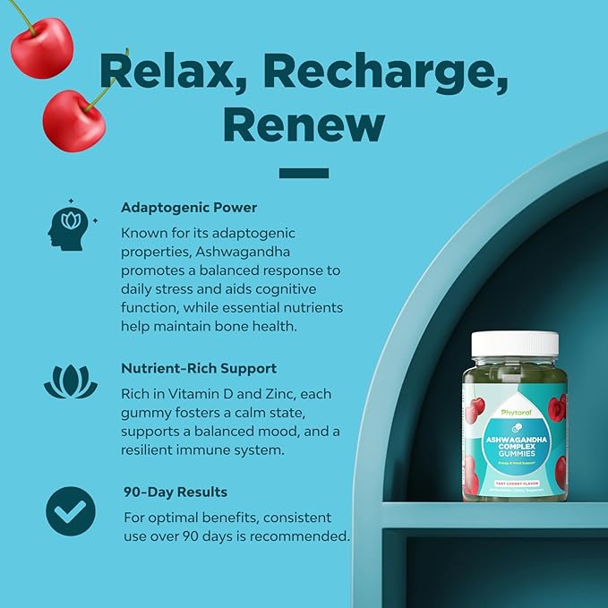 Phytoral Calming Ashwagandha Gummies for Men and Women - Root Extract with Zinc and Vitamin D - Tasty Adaptogen Stress Gummies for Adults - Energy & Mood Support - 60 Ct