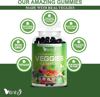 VITINITY Super Greens Multivitamin Gummies | Made with 30 Real Superfood Veggies, Herbs, Fruit for Adults & Kids to Boost Immunity, Skin & Gut Health | Non-GMO, Gluten-Free & Sugar-Free 30-Day Supply